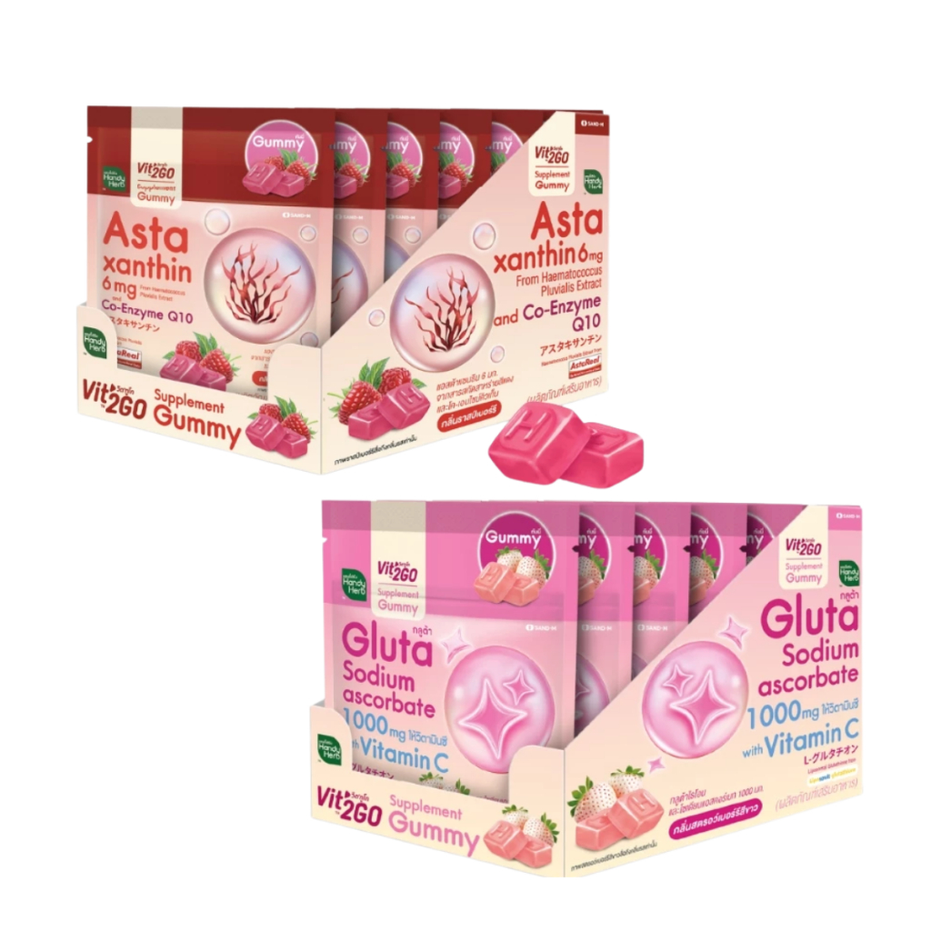 Handy Herb Vit2Go Gummy Astaxanthin 6 mg กลิ่นราสเบอรี่ / Gluta sodium Ascorbate กลิ่นสตรอว์เบอร์รี่สีขาว(ยกกล่อง 6 ซอง)