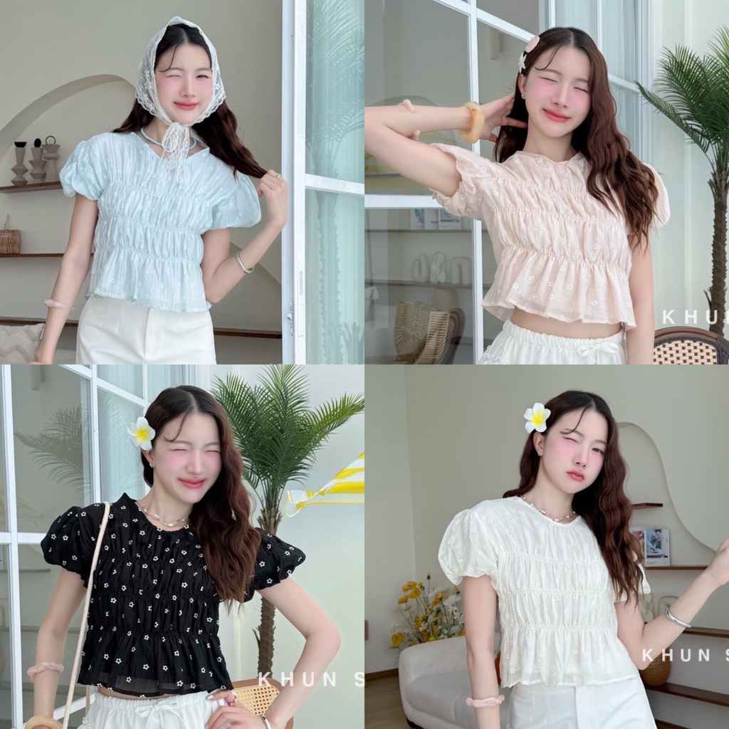 Khun studio เสื้อแขนบอลลูน สม็อคตัว ผูกโบว์หน้า