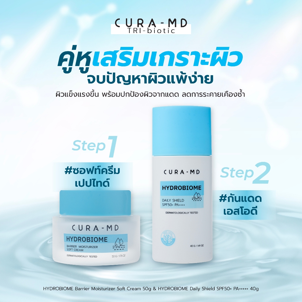 CURA-MD Hydrobiome Daily Shield SPF50+ PA++++ 40 กรัม และ BARRIER MOISTURIZER SOFT CREAM 50 ml.