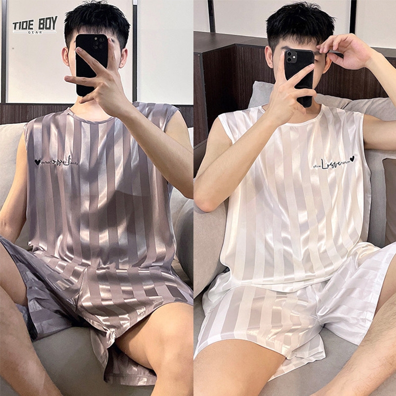 2026 ชุดนอนผ้าไหมไอซ์สำหรับผู้ชายในฤดูร้อน ทรงหลวม สีพื้น สามารถใส่เป็นชุดลำลองได้ L-2XL