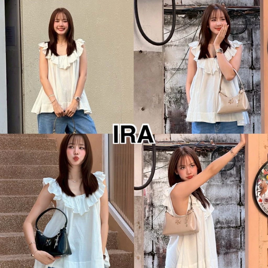 BY IRA (2026-114) Daphne Top เสื้อแขนกุด แต่งแขนระบาย ชายระบาย แฟชั่นเกาหลี