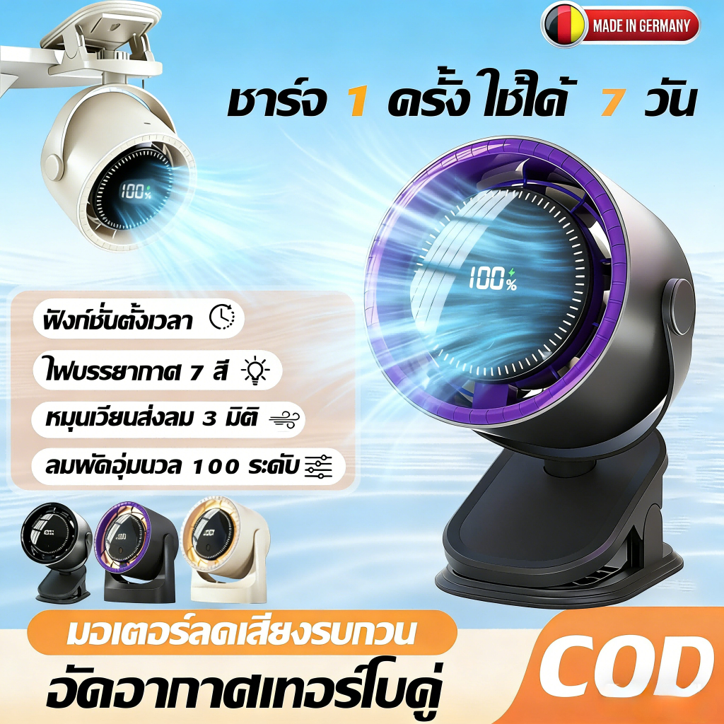 【รับประกัน20ป】พัดรมแบบหนีบ พัดลมพกพา พัดลมตั้งโต๊ะ หมุนเวียนส่งลม 3 มิติ เสียงเงียบ ฟังก์ชั่นตั้งเวลา ไฟบรรยากาศ7สี