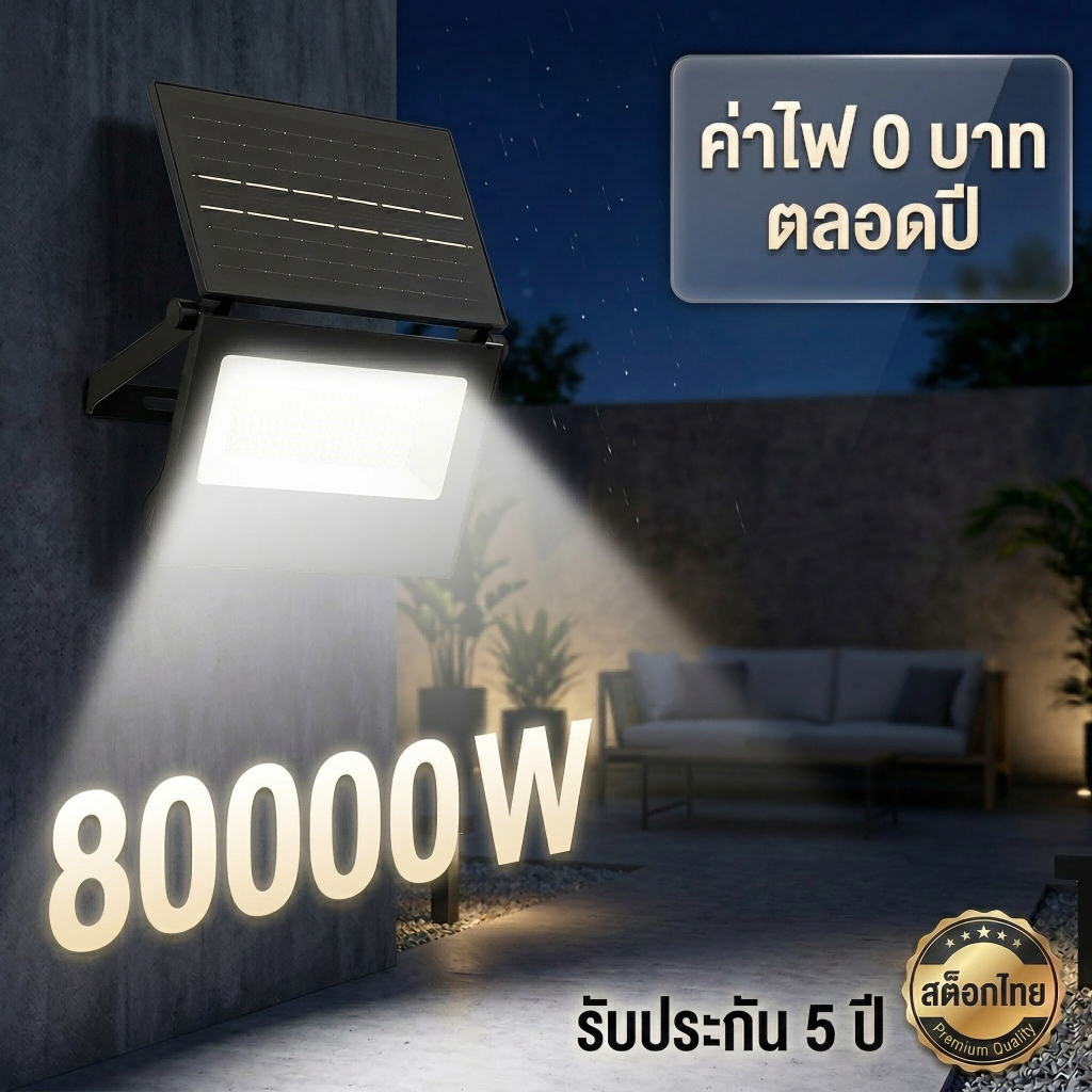 [ส่งจากไทย] ไฟโซล่าเซลล์ 80000W สว่างยันเช้า! สปอร์ตไลท์โซล่าเซลล์ แผงโมโน ปรับได้ 360° กันน้ำ IP67 รับประกัน 5 ปี ของแท