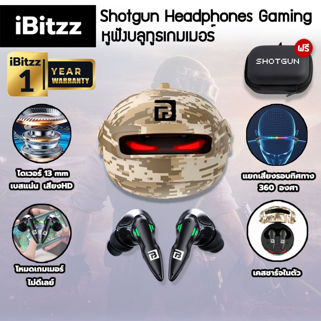 (ประกัน 1ปี) iBitzz Shotgun Headphones Gaming หูฟังบลูทูธเกมมิ่ง หูฟัง Bluetooth 6.0 หูฟังบลูทูธ หูฟ