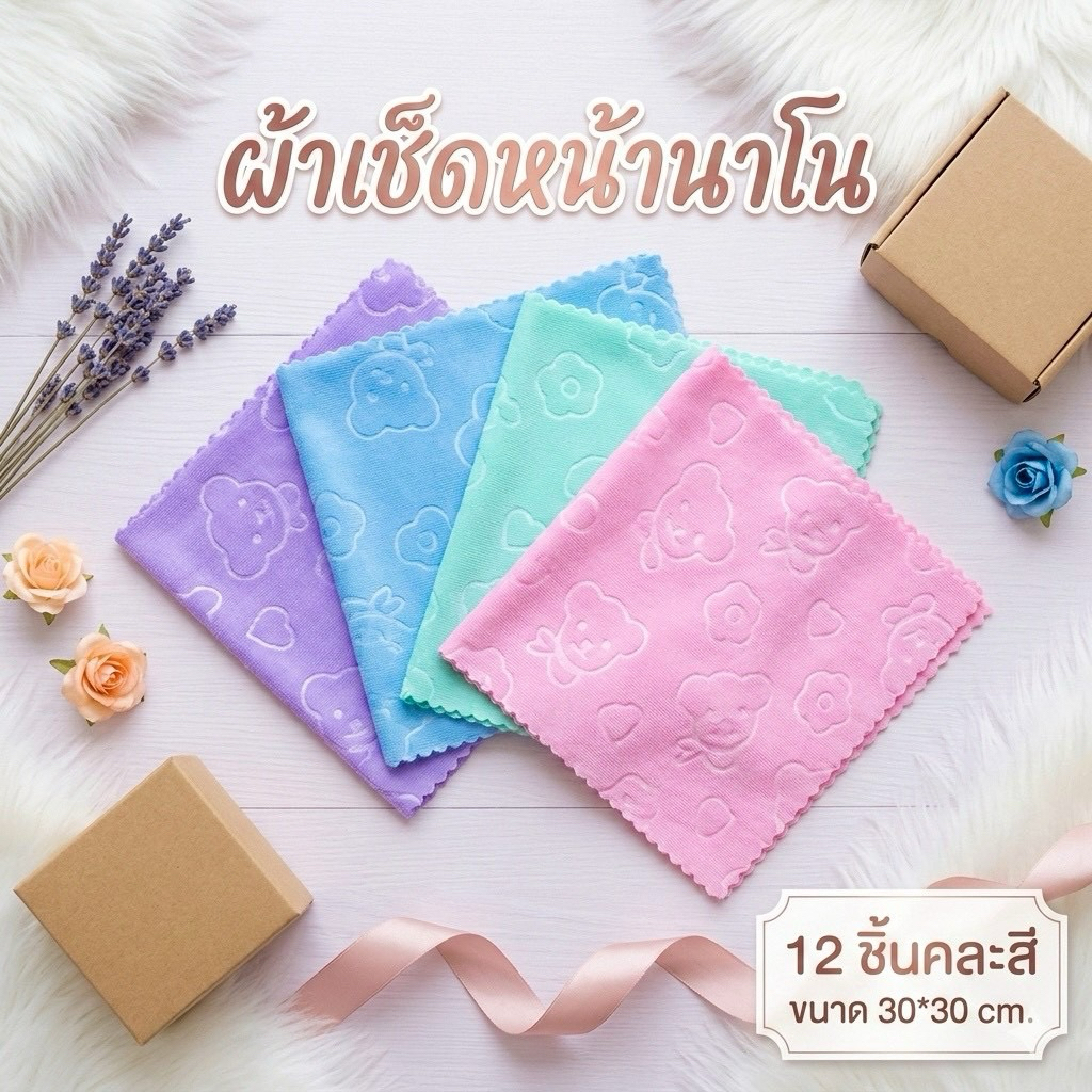 🌷ยกโหล🌷ผ้าเช็ดหนานาโน ขนาด 30*30 cm. ผ้านิ่ม คละสี มีราคาส่ง