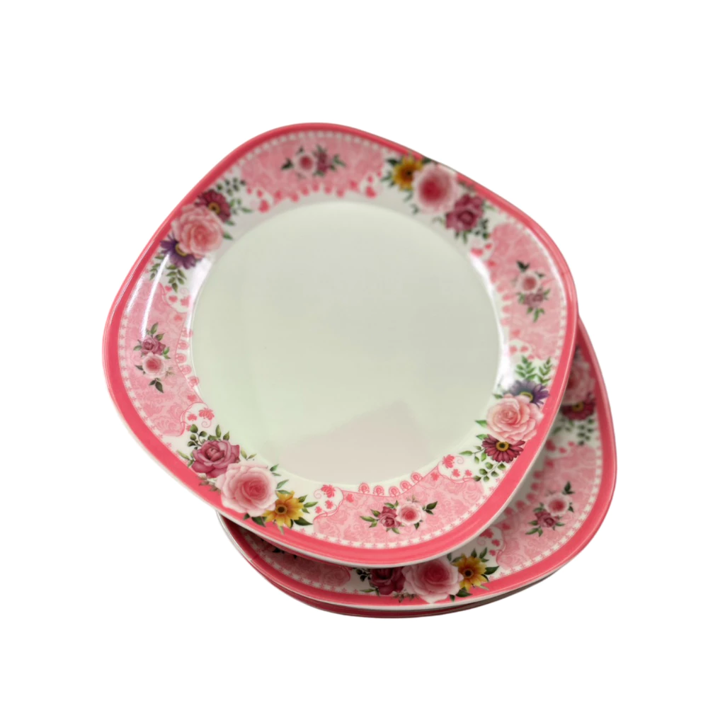 จานเมลามีนสี่เหลี่ยมขนาด 9 นิ้ว จานเมลามีนแบบหนา มีให้เลือกแบบจำนวน6ใบและ12ใบ ลายดอกไม้ชมพู