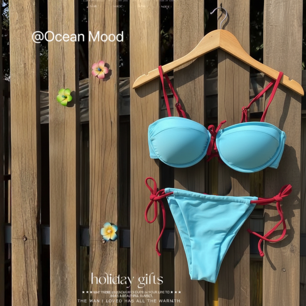 บิกินี่ทูพีช Blue Bikini มีโครง สายผูกแดงสุดแซ่บ กางเกงผูกข้างปรับได้ เซ็กซี่ชุดว่ายน้ำ | Ocean Mood