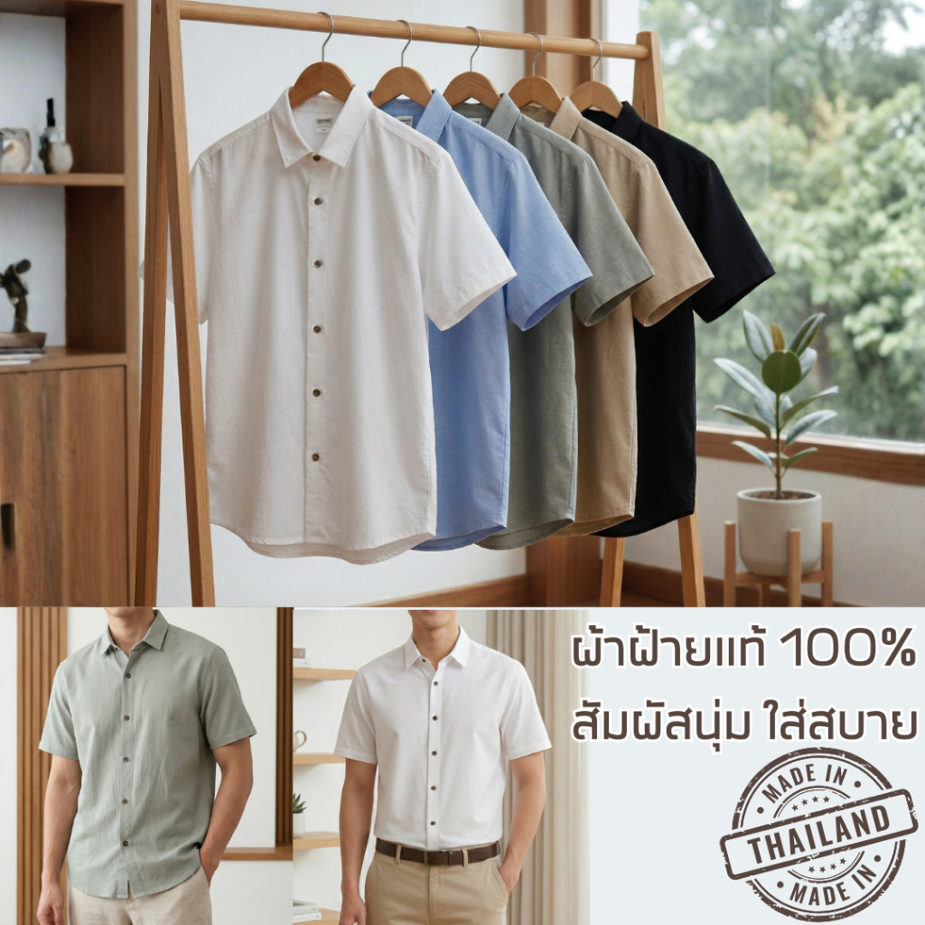 เสื้อเชิ้ตแขนสั้น ผู้ชาย ผ้าฝ้ายฟอกนุ่ม ดีไซน์เรียบง่าย "เบสิคเชิ้ต กระดุมไม้" ใส่ไปทำงาน ใส่ลำลองได้