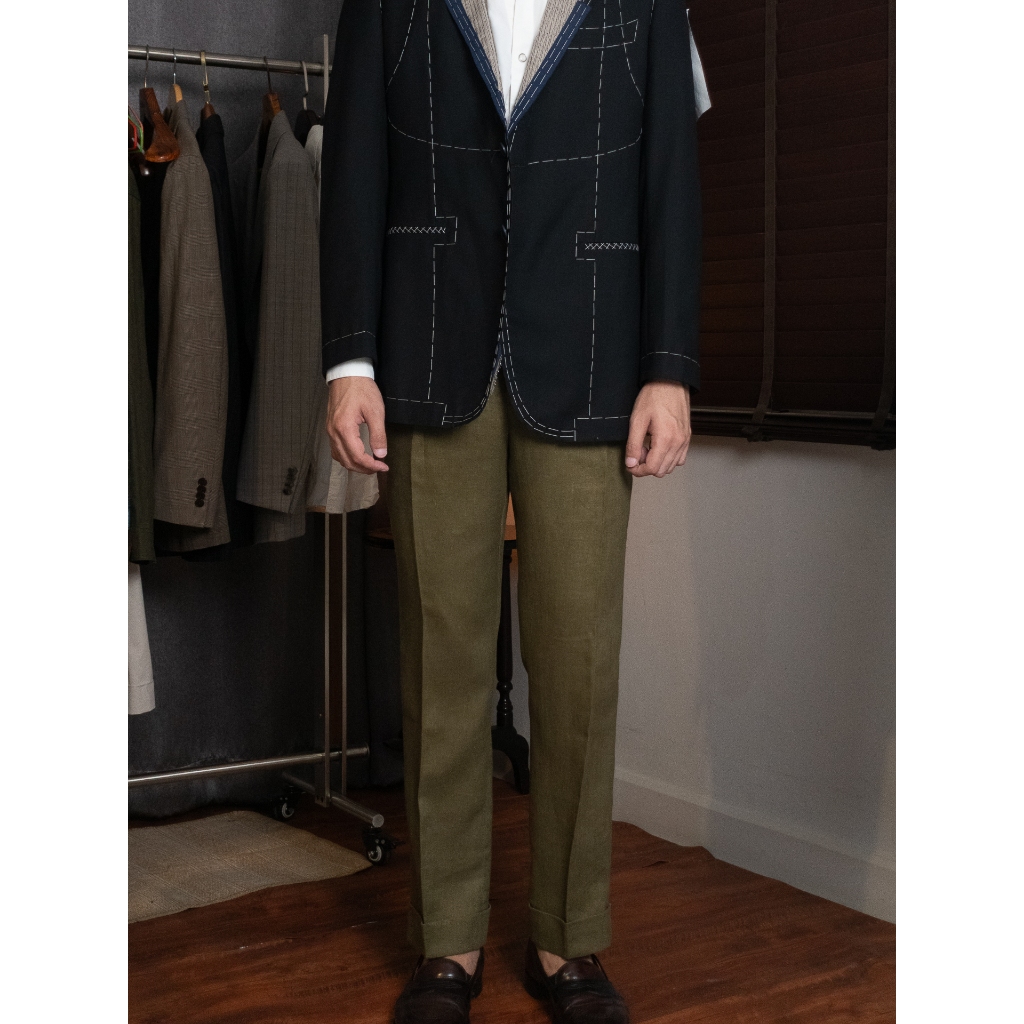 [T12LN-OLIVE] กางเกงลินินขายาวเอวสูง Classic High Waist Trousers โมเดล T12LN สี Olive