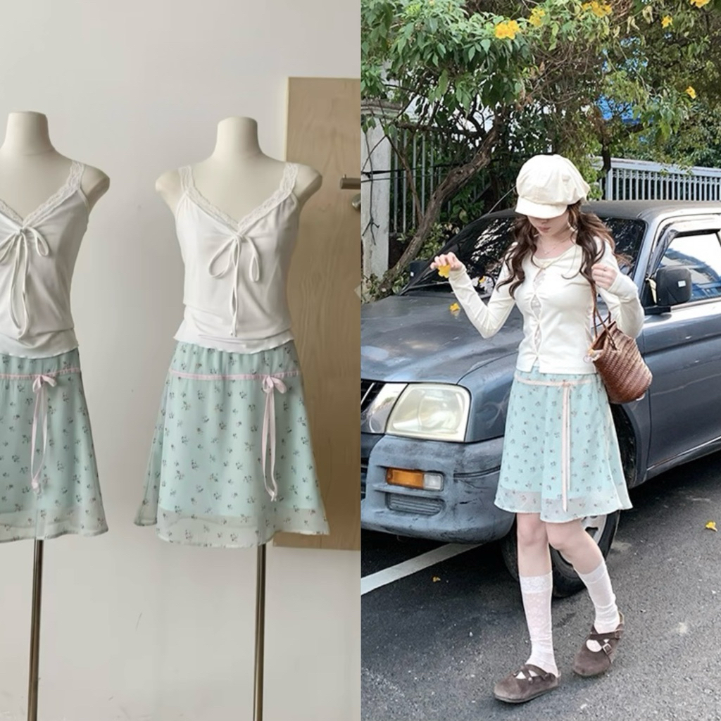 Somedays l Jisoo Skirt กระโปรงดีเทล2ชั้น พิมพ์ลายดอกไม้ ดีเทลโบว์ชมพูตัดเขียวอ่อนคือหวานมากค่า