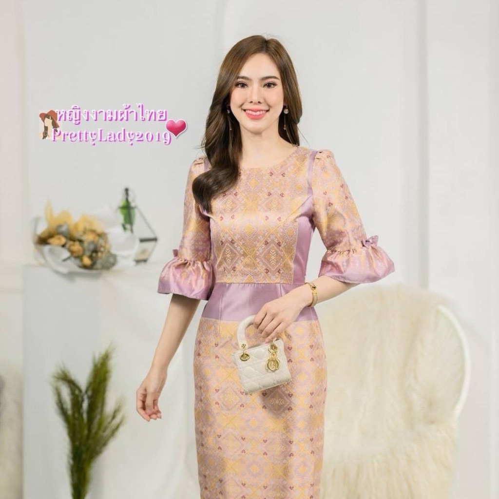 ชุดเดรสผ้าไหมแกมฝ้ายทรงยาวคอกลมแขนกระดิ่งติดโบว์น่ารักๆงานสวยเหมาะกับงานบุญทุกเทศกาล/อัดกาวทั้งชุด/ผ้าดีฝีมือเนี๊ยบ ราคา ถูกที่สุด ดีลบีเคเค แกลเลอรีภาพที่ 5