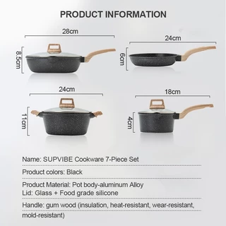 SUPVIBE ชุดกระทะหม้อ7ชิ้น กระทะเคลือบหินไมฟาน หม้อซุป ผัด ทอด ทำความสะอาดได้ง่าย ทำอาหารไม่ติด