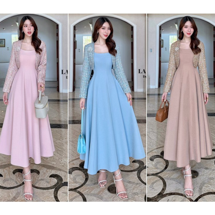 พร้อมส่ง Size S-2XL - ก่อนกดซื้อสอบถามไซส์ว่างก่อนนะคะ - ชุดออกงานสีชมพู ชุดออกงานสีน้ำตาล ชุดออกงานสีฟ้า ชุดไปงาน LD01