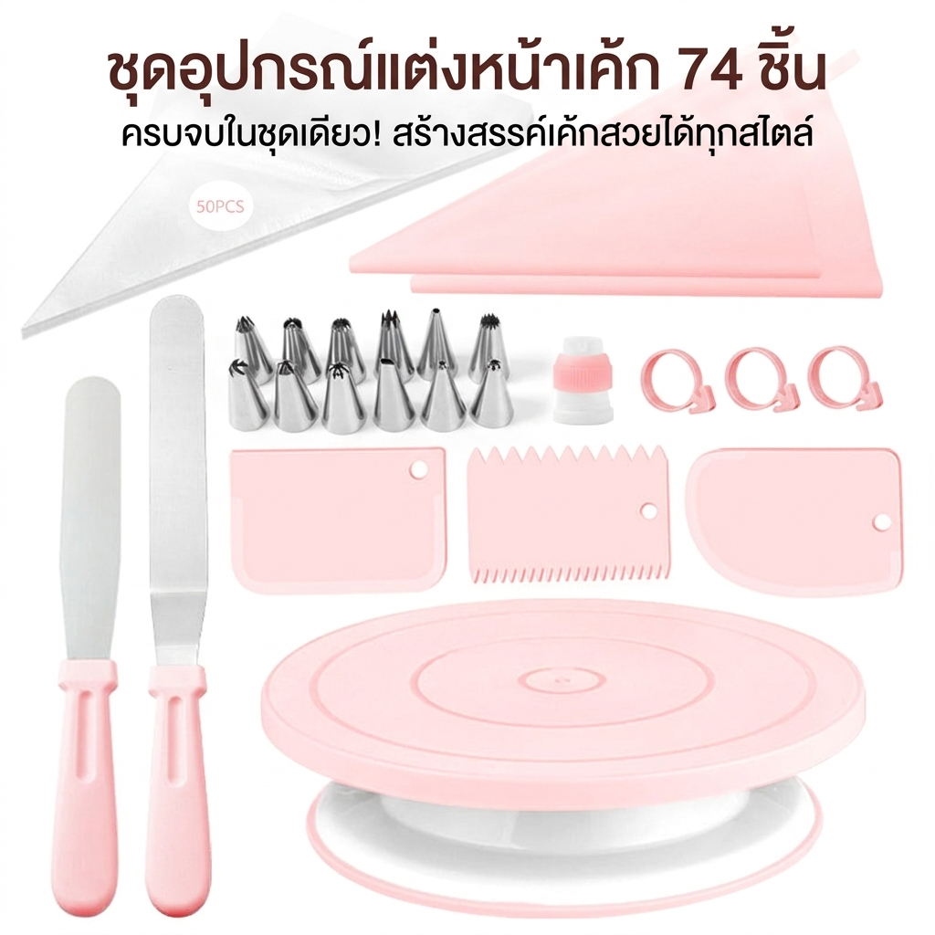 74 ชิ้น เค้กอบชุดตกแต่ง ตะกรุบเค้ก หัวบีบครีม หัวบีบวิปปิ้งครีม ถุงบีบครีม เครื่องมือเบเกอรี่ครบชุด พร้อมส่ง