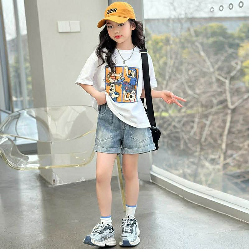 (ขายแยกชิ้น)(**พร้อมส่งจากในไทย**)NO.918 เสื้อยืด*สีขาว* ลายน้องหมาสี่ช่อง/NO.919 กางเกงยีนส์ขาสั้น พับขา ราคา ถูกที่สุด ดีลบีเคเค แกลเลอรีภาพที่ 4