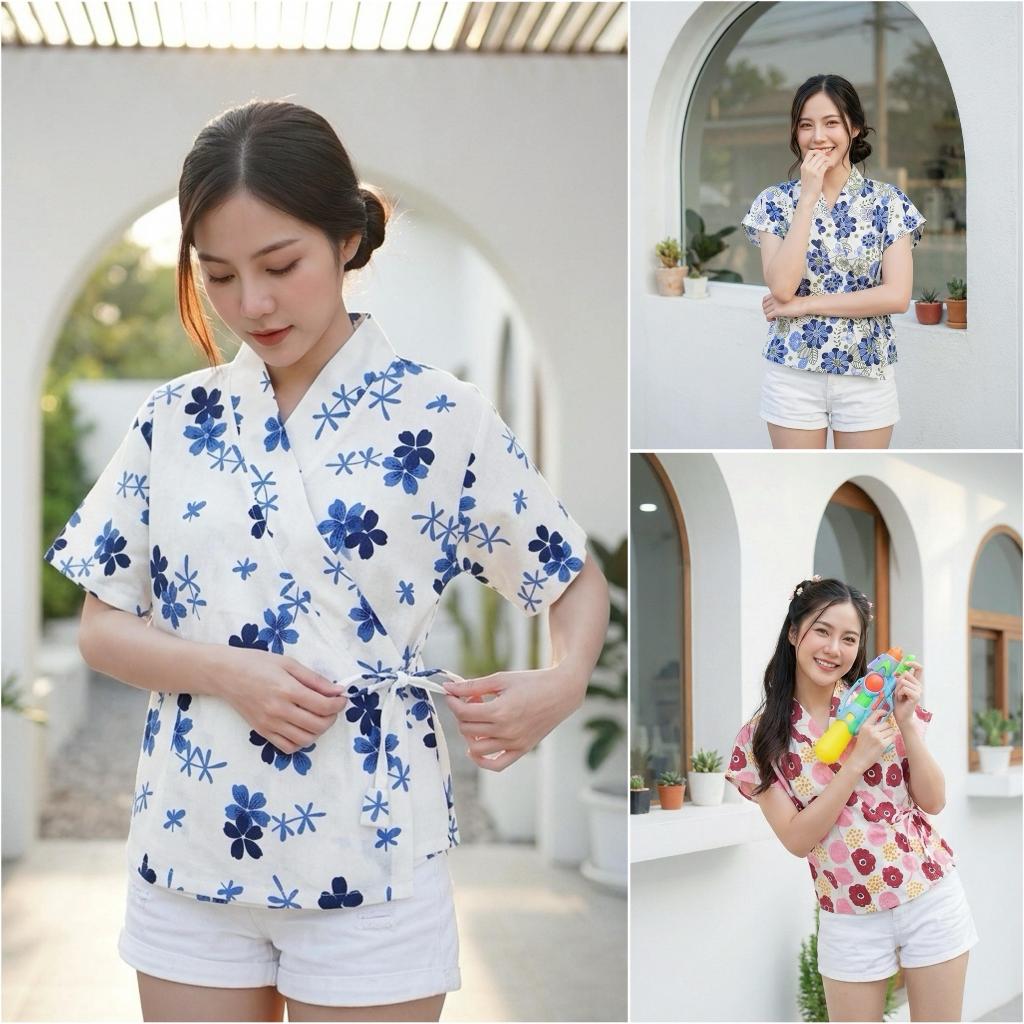 เสื้อลายดอก ทรงป้ายผูกโบว์ ผ้าฝ้ายลายดอก ใส่เที่ยวหน้าร้อน