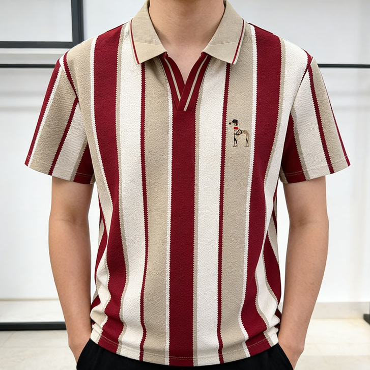 เสื้อโปโลผู้ชายลายทาง ปักสุนัข คอวี แขนสั้น สไตล์สบายๆ ฤดูร้อน