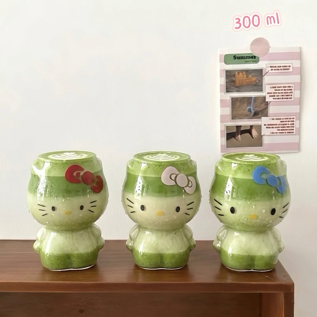 แก้วน้ำ รูปทรงน่ารัก คิตตี้ 300 ml สำหรับใส่มัจฉะ และเครื่องดื่มต่างๆ วัสดุแก้ว