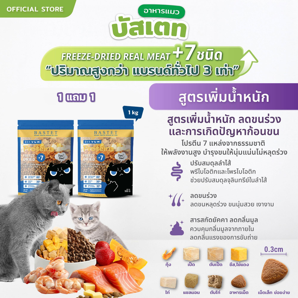 BASTET อาหารเเมวผสมฟรีซดราย 7 ชนิด 2 ถุง (1 kg) (แมวท้องแมวเด็กกินได้)