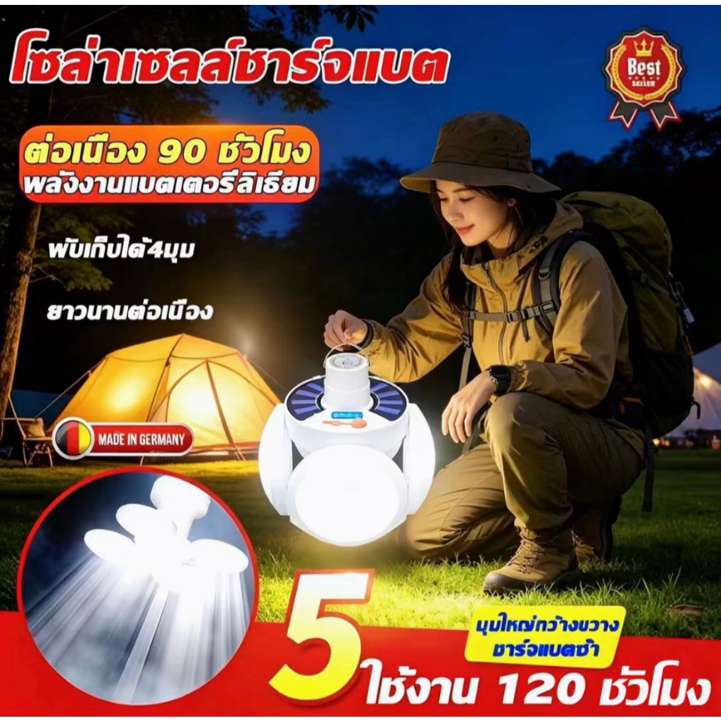 ✨1 หลอดไฟสู้ 5 หลอดไฟ✨ไฟตั้งแคมป์LED แบตนาน72ชั่วโม หลอดไฟพกพาโซล่าเซลล์ กันน้ำกลางแจ้ หลอดไฟโซล่าเซลไฟฉุกเฉิน