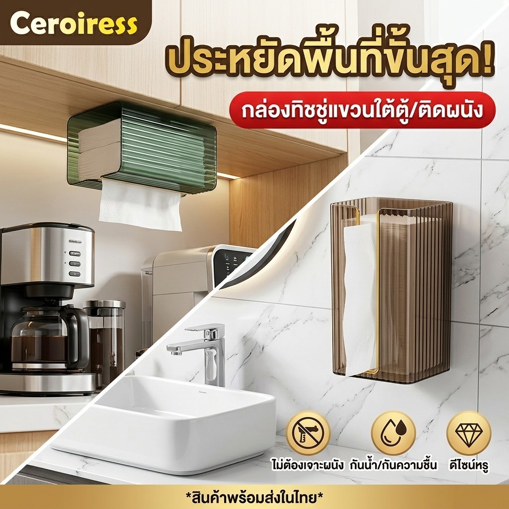 กล่องทิชชู่กล่องทิชชู่ห้องครัว PET กล่องทิชชู่ห้องน้ำกล่องทิชชู่ติดผนังแบบไม่ต้องเจาะรูกล่องเก็บทิชชู่ กล่องทิชชู