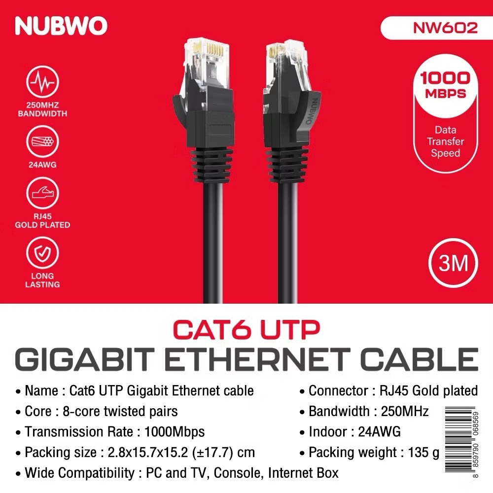 nubwo(NW602)สายแลน LAN CAT6 สายสำเร็จ Gigabit 1000M UTP Cable 2/3/5/10/15/20/30/50เมตร)