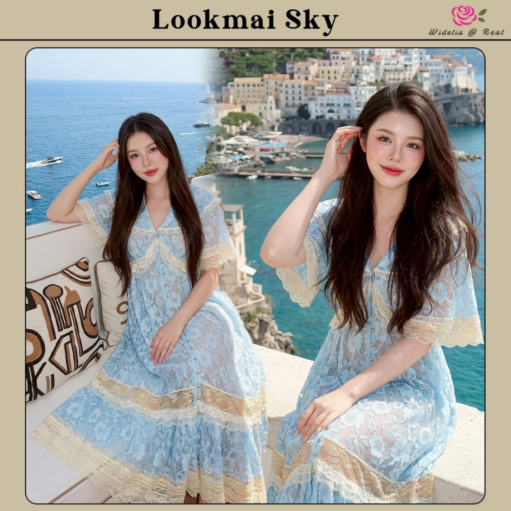 Widelia สีฟ้า Lookmai Sky Dress เดรสยาวแขนระบายลูกไม้ คอปกใหญ่ ติดกระดุมหน้า เนื้อผ้าลูกไม้สีฟ้า มีซับในแยกชิ้น