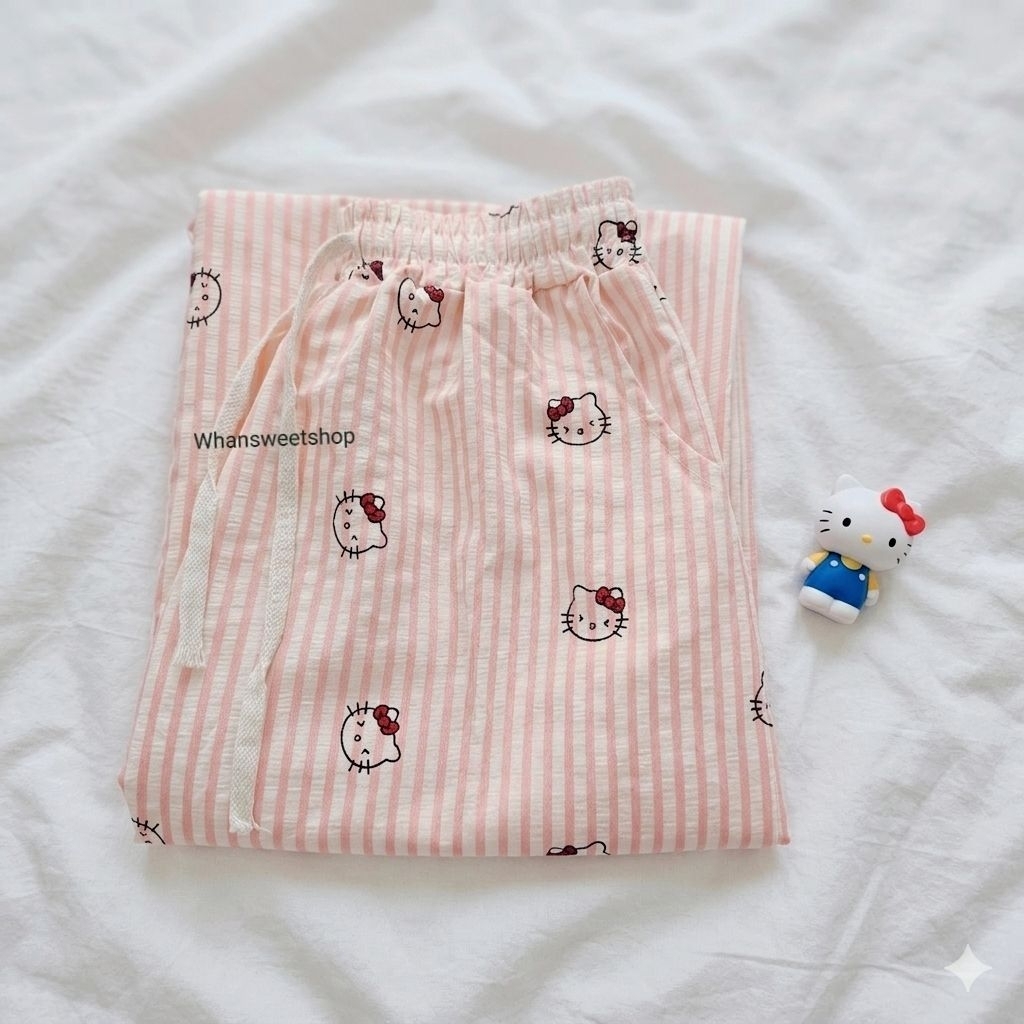 กางเกงลายริ้วพิมพ์ลายKITTY ผ้าใส่สบายไม่ยับ มี11สี พร้อมส่งในไทย ราคา ถูกที่สุด ดีลบีเคเค แกลเลอรีภาพที่ 6