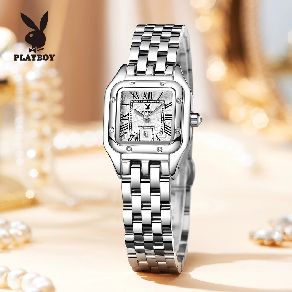 PLAYBOY นาฬิกา ผู้หญิง ควอตซ์ สายสเตนเลส แฟชั่น หน้าปัดสแควร์ 3106