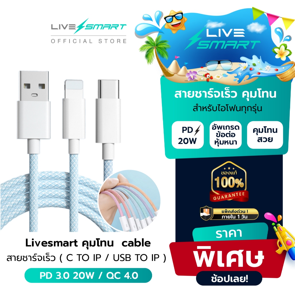 ใหม่❗️ สายชาร์จ Livesmart คุมโทน C to IP PD 20W สายชาร์จเร็ว USB to IP 2.4A ที่เก็บสาย Fast Charge สำหรับไอโฟน