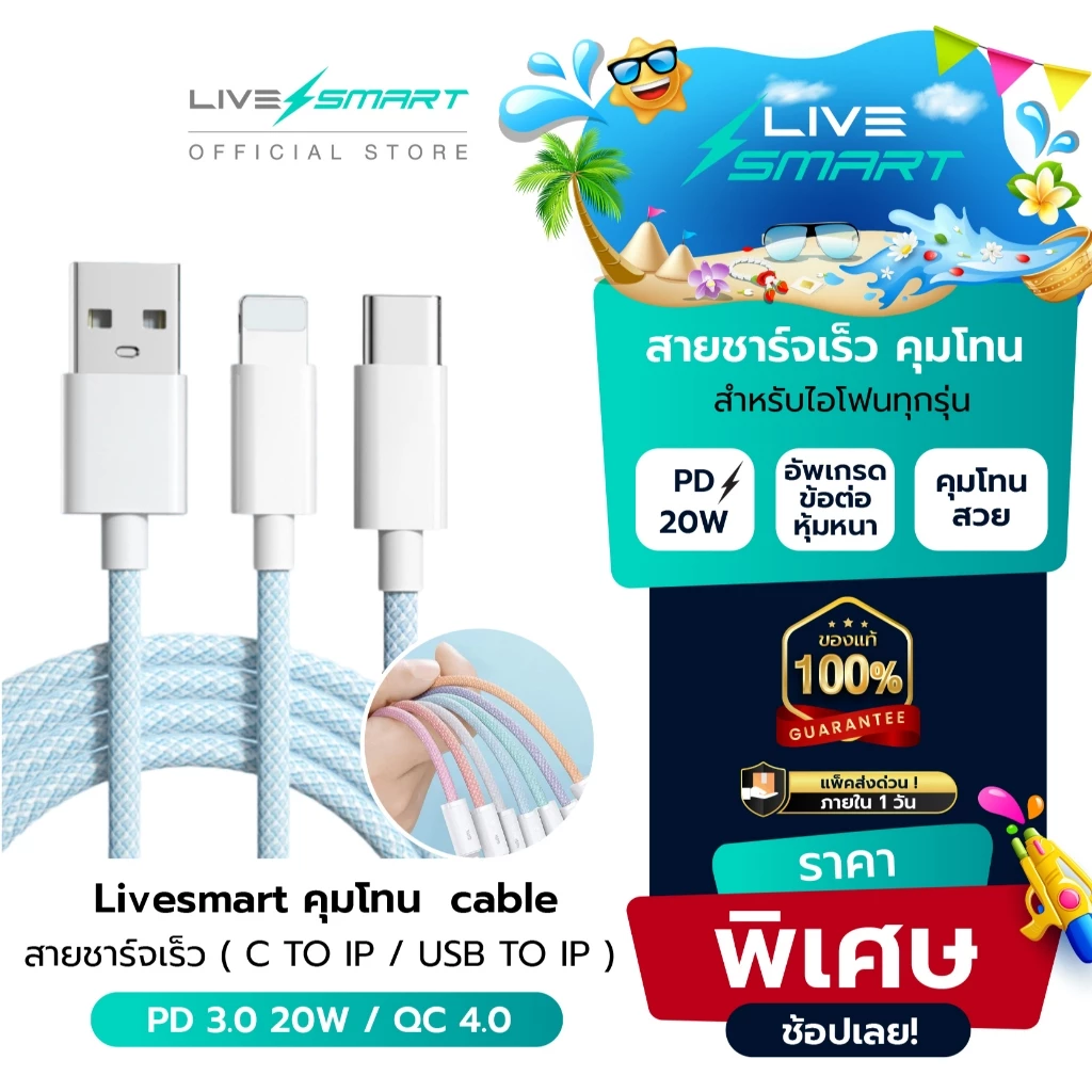 ใหม่❗️ สายชาร์จ Livesmart คุมโทน C to IP PD 20W สายชาร์จเร็ว USB to IP 2.4A ที่เก็บสาย Fast Charge สำหรับไอโฟน