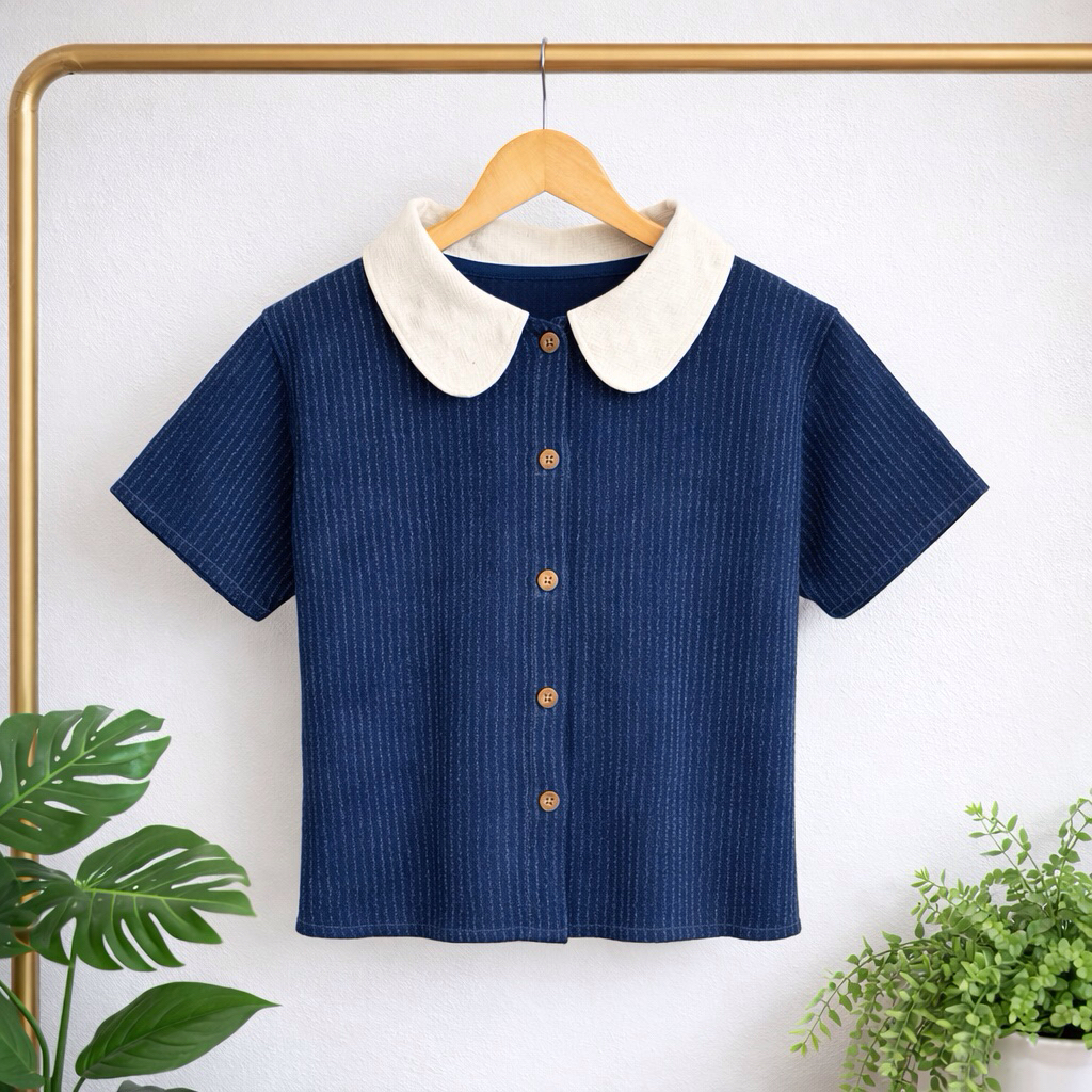 เสื้อคอบัวคอปกผ้าย้อมหม้อฮ่อมฟอกสโตน+ผ้าเกล็ด้ต่าครีม