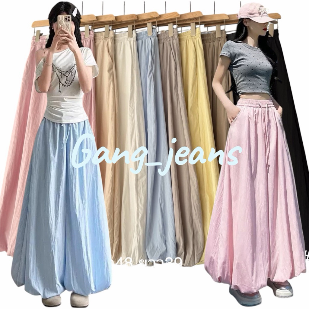 Gang_jeans#9708(A)กางเกง บอลลูน จินนี่ยาวทรงพอง เอวยางยืด ผ้าร่ม มินิมอล ใส่สบาย ทรงเกาหลี กระโปรงยาวผู้หญิง