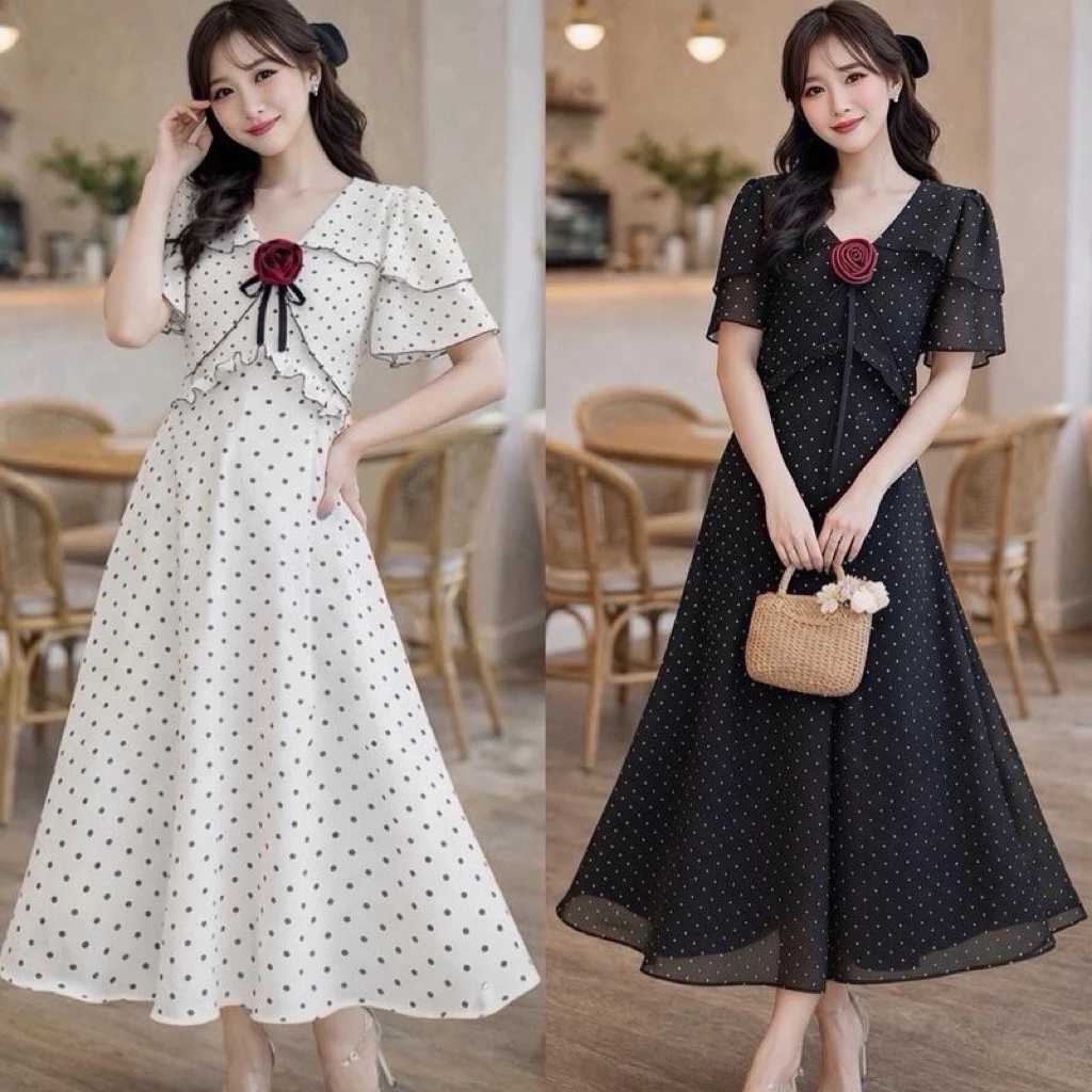 พร้อมส่ง🇹🇭[รหัสPD97] Polkadot Rose Dress ชุดเดรสผ้าชีฟองลายจุด +แถมเข็มกลัดดอกไม้ความยาว47นิ้ว