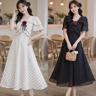 พร้อมส่ง🇹🇭[รหัสPD97] Polkadot Rose Dress ชุดเดรสผ้าชีฟองลายจุด +แถมเข็มกลัดดอกไม้ความยาว47นิ้ว
