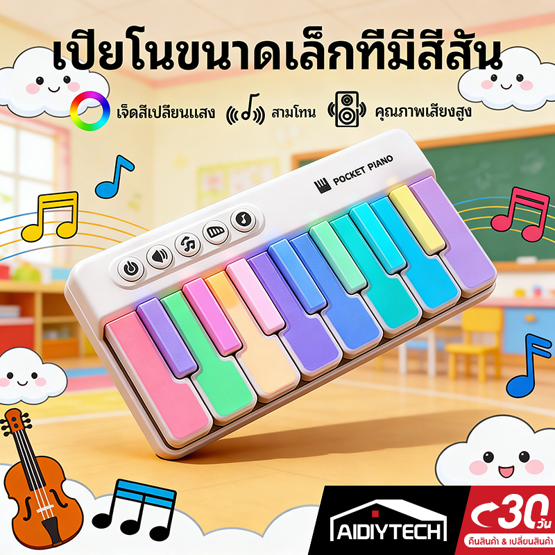 AIDIY ของเล่นเด็ก เปียโนไฟฟ้าเด็กเล็ก ของเล่นเสริมพัฒนาการ เปียโนพกพา 15 คีย์ ไฟ LED 8 เสียงดนตรี ของขวัญเด็ก ส่งด่วน