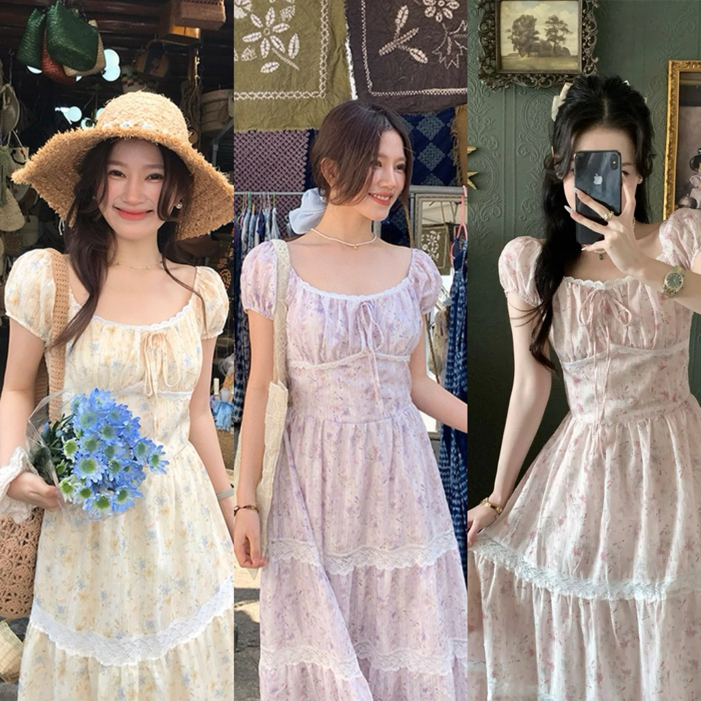 Somedays l 🐰Arin Dress เดรสยาวผ้าพิมพ์ลายดอกไม้ แต่งดีเทลลูกไม้ ฟีลเจ้าหญิงปริ๊นเซสมาก