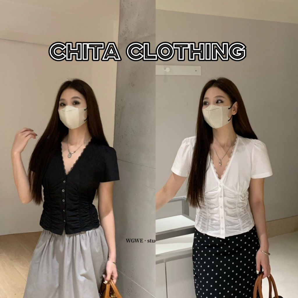 9243# เสื้อคอวี แขนสั้น งานกระดุมหน้า เนื้อผ้าดี งานสวย TAG:WG.WE 🇰🇷