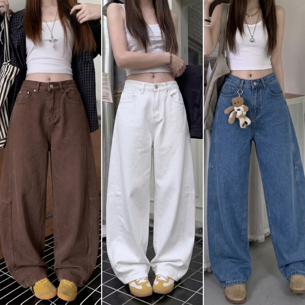 Bella shop กางเกงยีนส์ผู้หญิงขากว้างทรงตรง สบาย ปกปิดสะโพก เอวสูง ผ้าไม่ยืด ช่วงสะโพกและต้นขายังคงหลวม