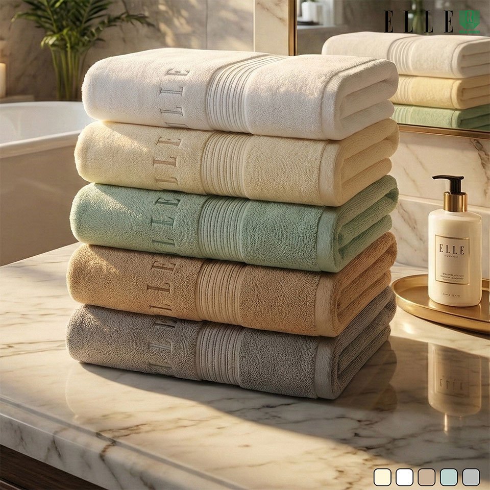 ELLE Towel สีใหม่ ผ้าขนหนูผลิตจากเส้นใยคอตตอน เส้นด้ายคู่ ผ้าเช็ดผม และผ้าเช็ดตัว มีขนาดให้เลือก (TEC054) สีใหม่ล่าสุด