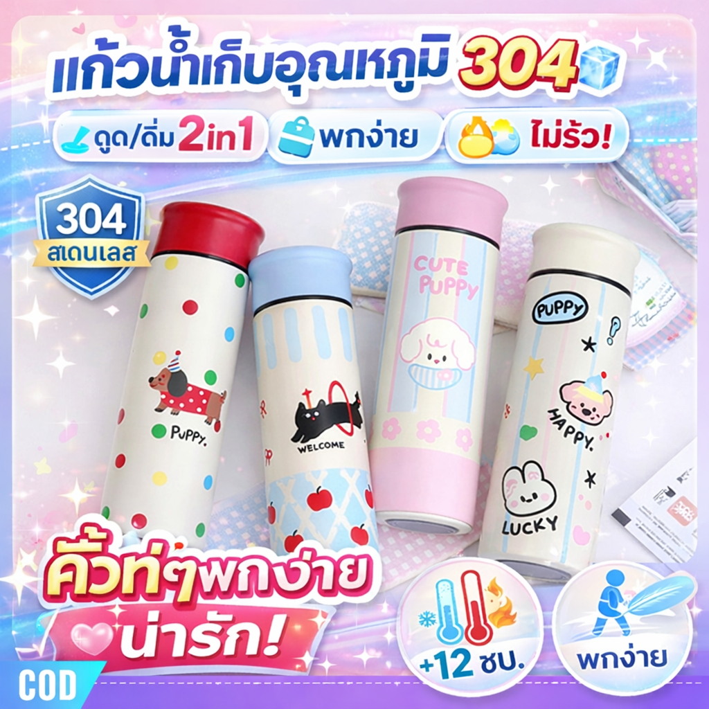 แก้วน้ำเก็บความเย็น 500ml สแตนเลส 304 แก้วน้ำกันร้อน-เย็น ลายน่ารักเกาหลี พร้อมที่กรองชา เก็บอุณหภูมิได้8ชม. ส่งไวในไทย