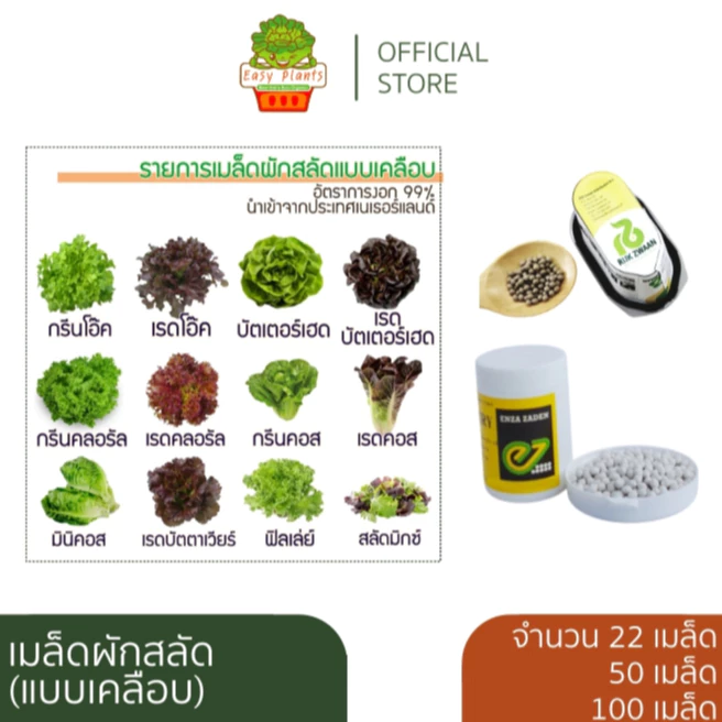 เมล็ดพันธุ์ผักสลัดเคลือบ ปลูกง่าย งอกเร็ว 99% ปลูกในบ้าน ไฮโดรโปนิกส์ ผักปลอดสาร กรีนโอ๊ค ผักคอส