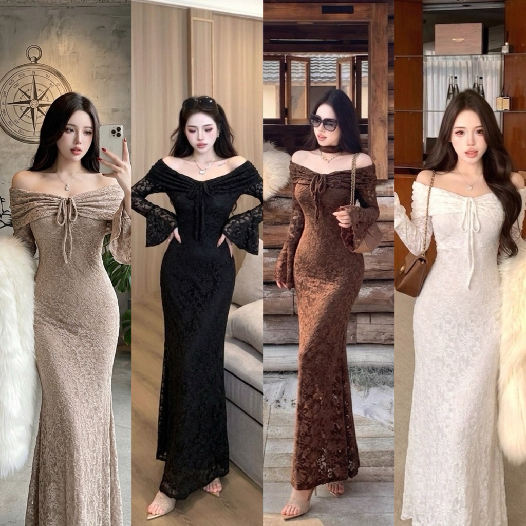 ❤️พร้อมส่ง❤️✨Lace Off-Shoulder Dress✨เดรสลูกไม้ยืดทั้งตัว ใส่สวย หรู แบบพส.จีน ใส่สบายมาก ผ้าไม่คัน นิ่มมาก 💖เปิดไหล่