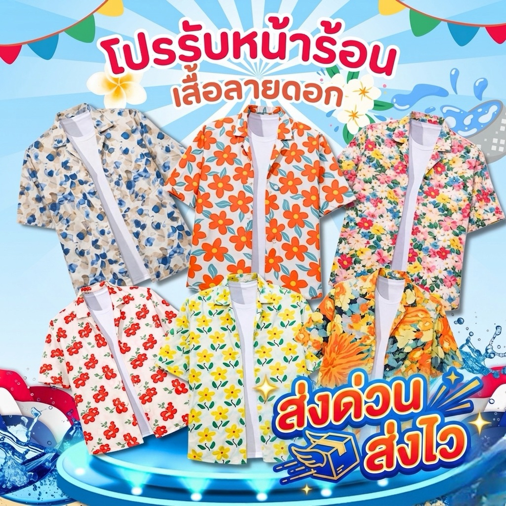 เสื้อลายดอก สงกรานต์ เสื้อฮาวายชาย หญิง ผ้าแมมเบิร์ต ใส่สบาย แห้งไว ลายแฟชั่น หน้าร้อน