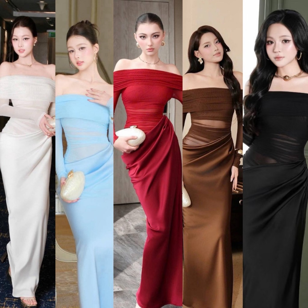 OBIBII Brand: ชุดเดรส ดีไซน์ปาดไหล่เข้ารูปเน้นรูปร่าง ต่อผ้าซาติน