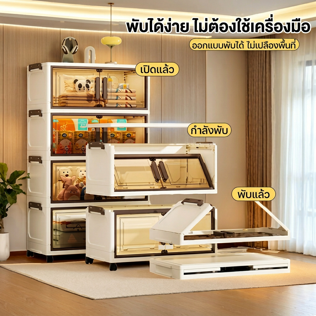 JoyParty ตู้เก็บของพลาสติก ตู้อเนกประสงค์ ความจุแบริ่ง 200KG ลิ้นชักขนาดใหญ่ ตู้เสื้อผ้าที่มีล้อสามารถพับเก็บได้ สไตล รูปที่ 6
