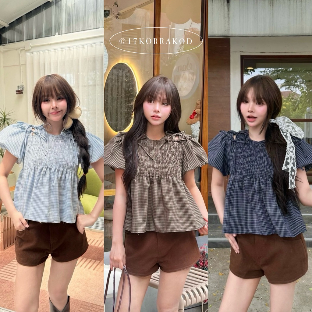🌻เสื้อคอกลมแขนบอลลูนแต่งโบว์ผูกผ้าคอตตอน ดีเทลสม็อคช่วงอก (Nusa Style)