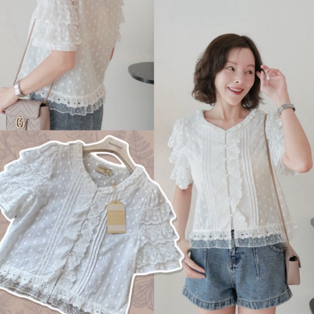 พร้อมส่ง Chaline เสื้อเนื้อผ้าคอตตอนเนื้อนุ่มใส่สบาย มีลายจุดในเนื้อผ้า ช่วงแขนแต่งระบายชั้น