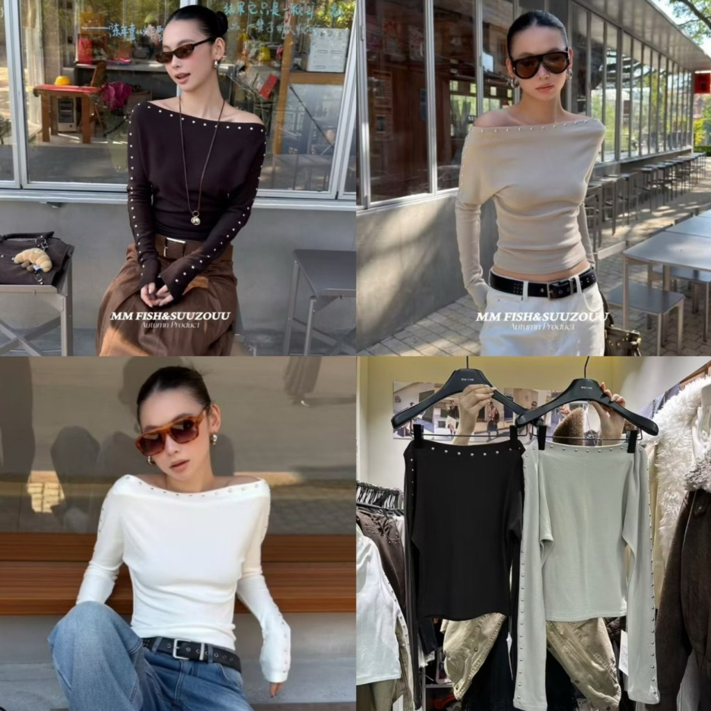 25T639 เสื้อแขนยาวปาดไหล่แต่งอะไหล่สีเงิน งานป้าย MM FISH 🇰🇷