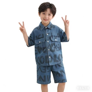 BB238 เซ็ตเสื้อผ้าเด็กยีนส์ เสื้อเชิ้ตกระดุมหน้า+กางเกงขาสั้น ลายอักษร แฟชั่นเด็ก